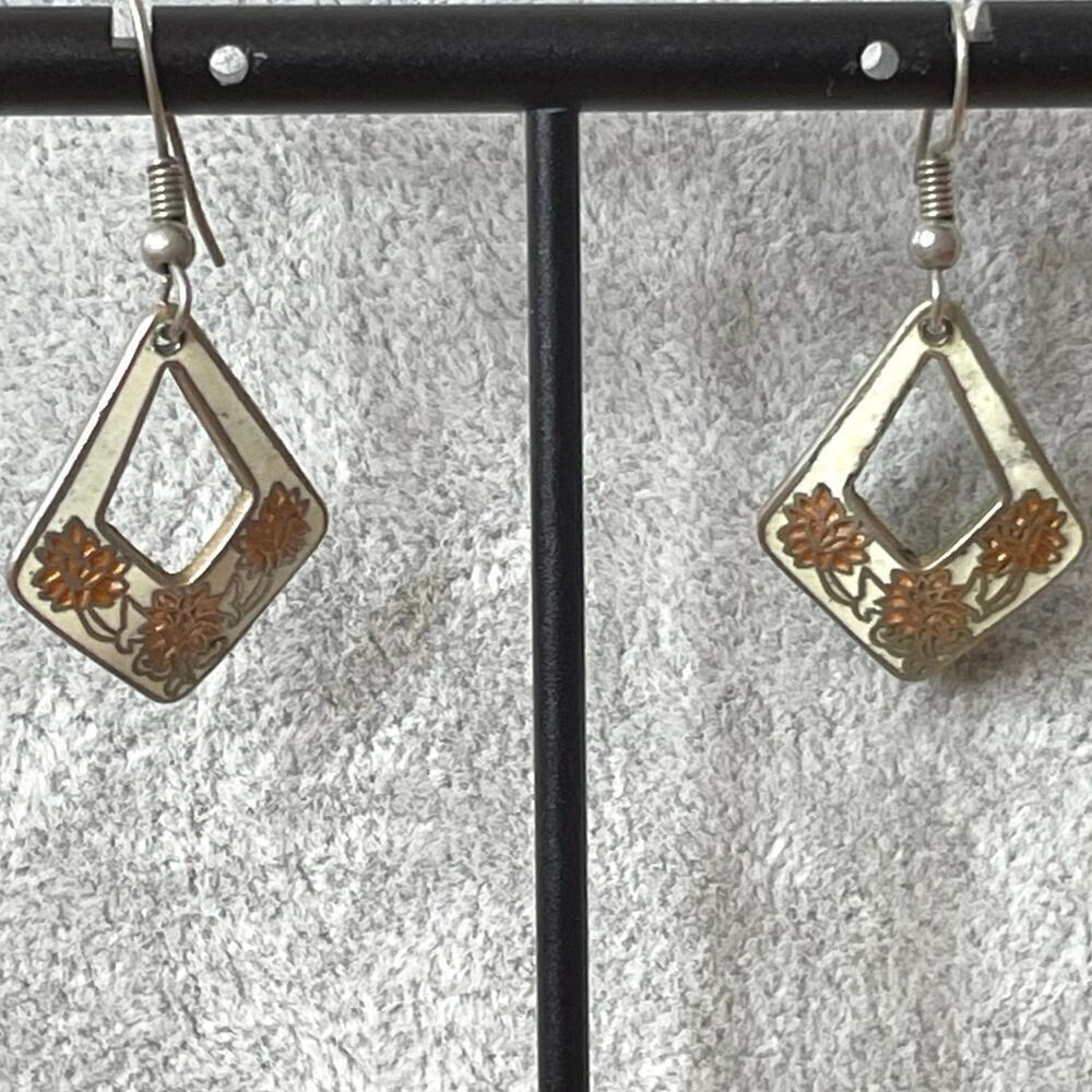 Vintage drop earrings orange peach flower diamond cloisonné